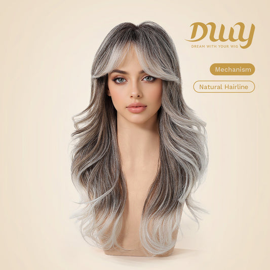 Long-length Layer-cut Wave Ash Grey Gradient Glueless Synthetic Wig