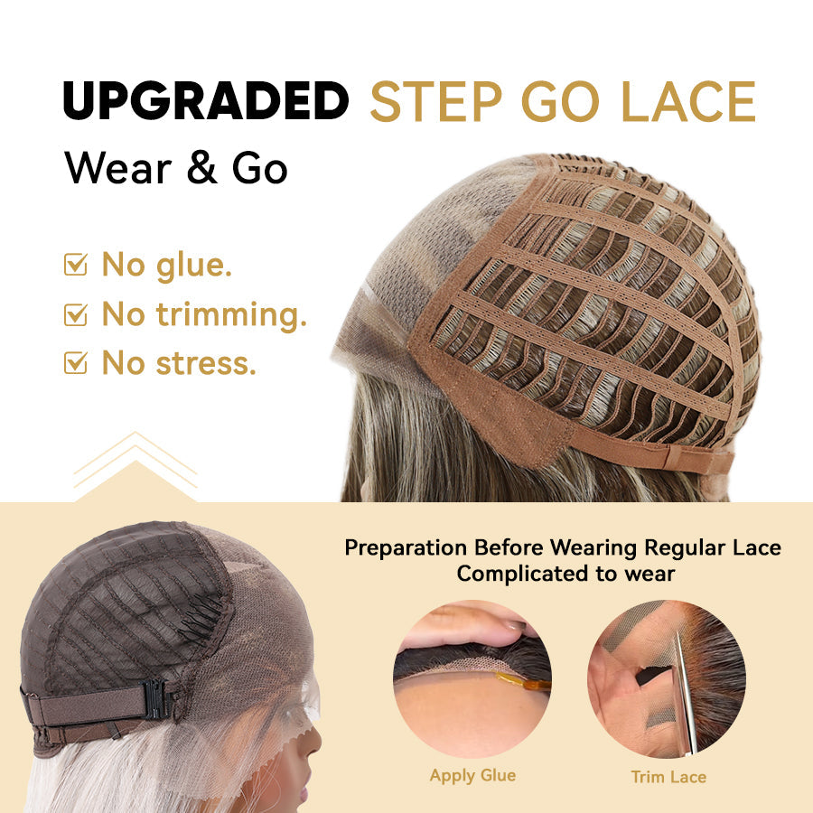 NEW Step Go Lace Free Part Mid-Length Layered Mixed Blonde Highlighted Glueless Wig