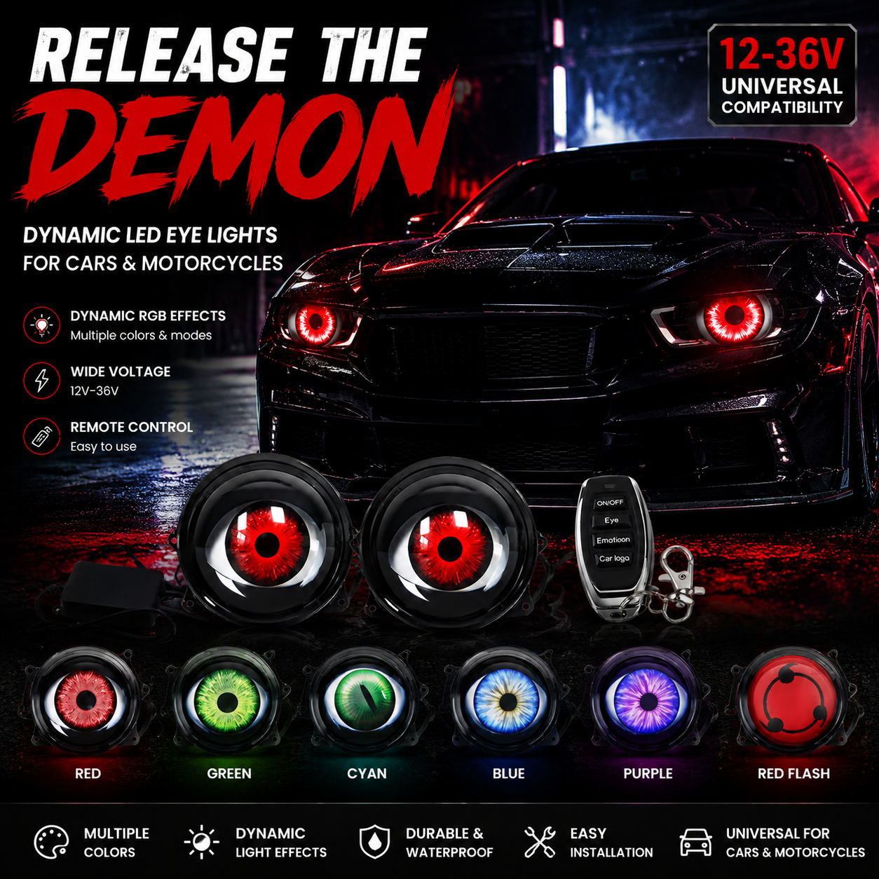 🔥 Feux de projecteur LED Dynamiques Œil de Démon – Amélioration de Phares RGB pour Voitures et Motos