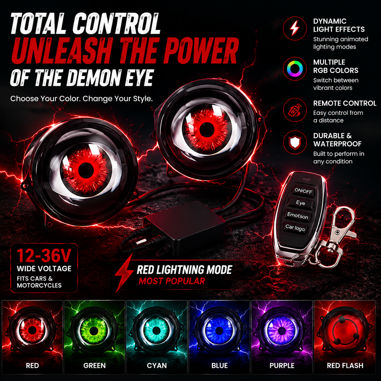🔥 Feux de projecteur LED Dynamiques Œil de Démon – Amélioration de Phares RGB pour Voitures et Motos