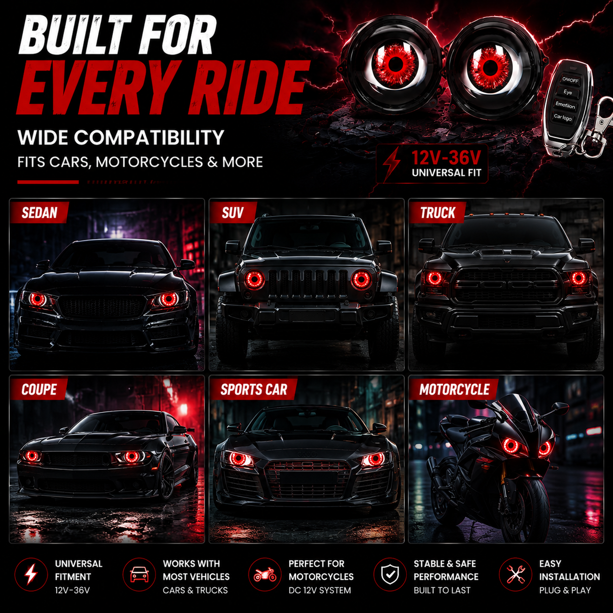 🔥 Feux de projecteur LED Dynamiques Œil de Démon – Amélioration de Phares RGB pour Voitures et Motos
