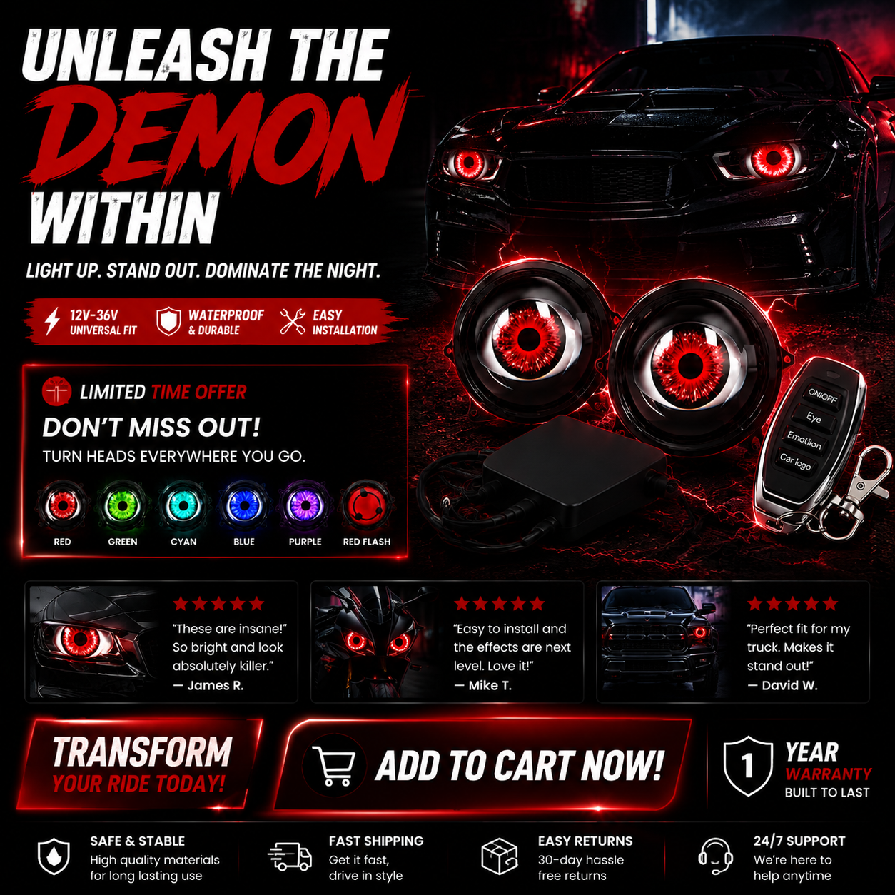 🔥 Feux de projecteur LED Dynamiques Œil de Démon – Amélioration de Phares RGB pour Voitures et Motos